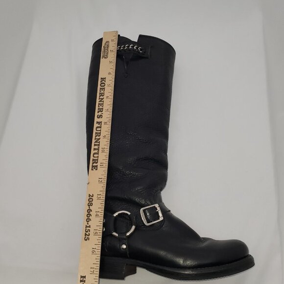 RARE FRYE Tall Harness Biker Boots Black Buffalo Grain Leather Chain Accent 6 - Picture 11 of 11